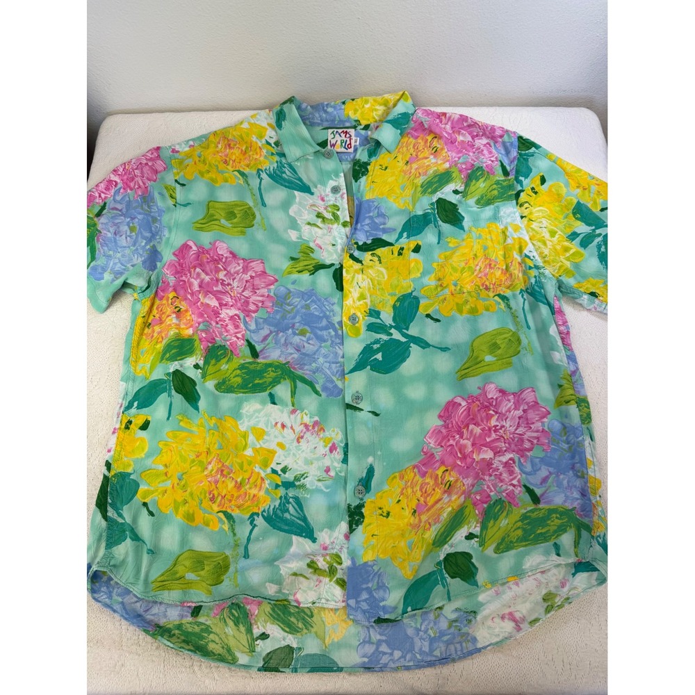 Vintage Jams World 90s Floral Button Down Shirt XL Mint Green Tropical Hawaii